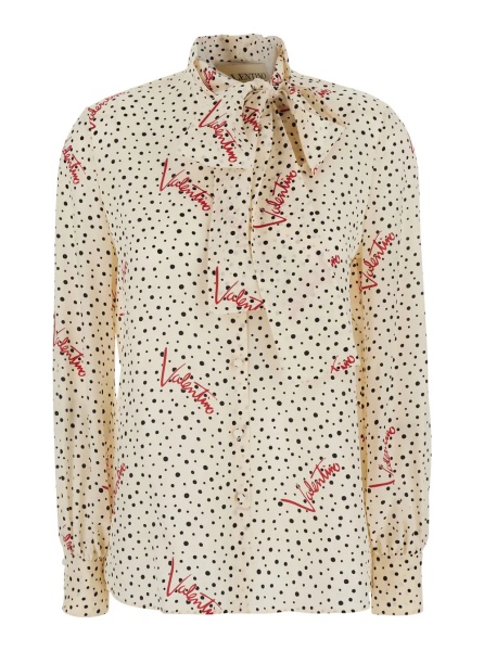 Bluza White Blouse with Bow Detail on the Front and All-Over Polka Dot Motif with Logo in Silk for Women