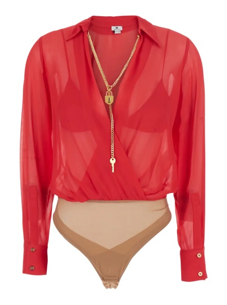 Body-uri Red Bodysuit with deep V-neck and chain detail on the front in viscose for women