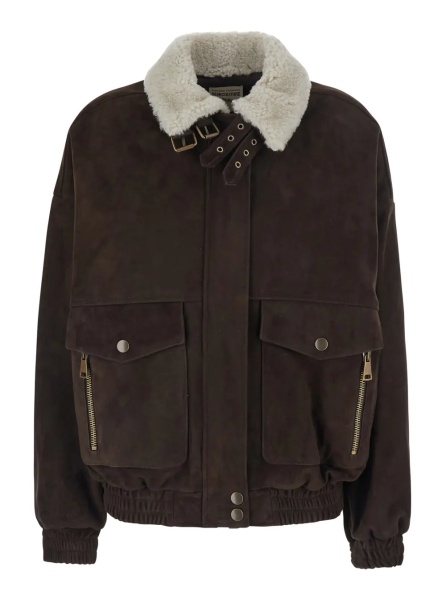 Bomber 'Gloria' Brown Bomber Jacket with High Fur Collar with Straps in Suede for Women