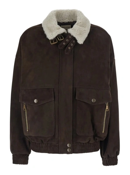 Bomber 'Gloria' Brown Bomber Jacket with High Fur Collar with Straps in Suede for Women
