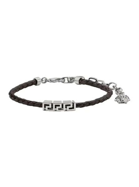 Bratari Black Bracelet with Metal Plate and Pendant Detail in Leather for Men