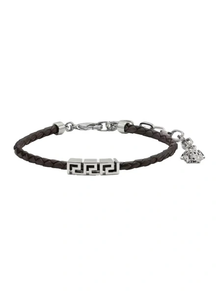 Bratari Black Bracelet with Metal Plate and Pendant Detail in Leather for Men