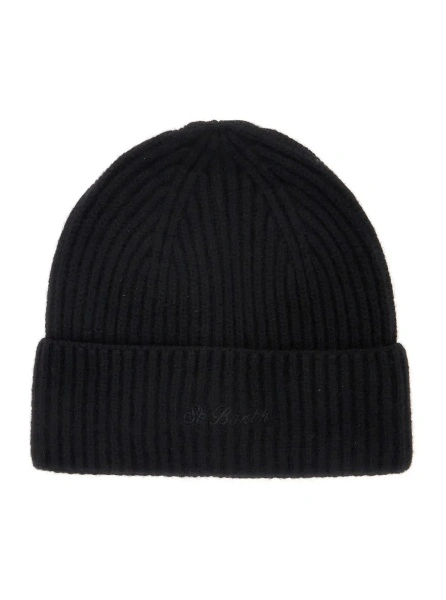 Caciula Black beanie with logo lettering on the front and ribbed knit in wool for women