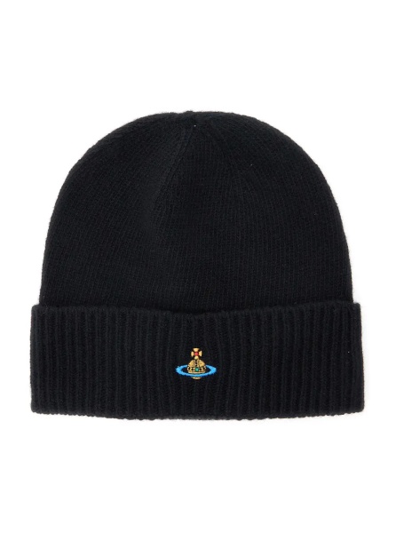 Caciula Black Beanie with Orb Patch on the Front and Ribbed Brim in Cashmere Unisex