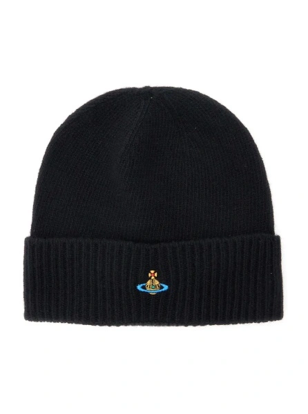 Caciula Black Beanie with Orb Patch on the Front and Ribbed Brim in Cashmere Unisex