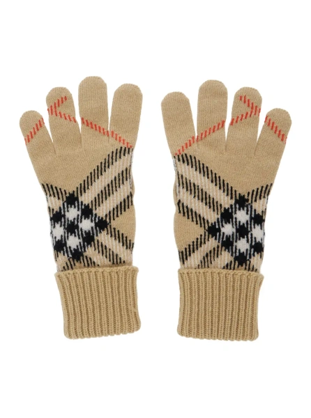 Caciula Gloves with Check Motif in Beige Leather for Women