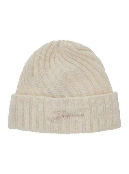 Caciula 'Le Bonnet Tourni' White Beanie with Turn-Up Brim and Logo Lettering on the Front in Wool Man