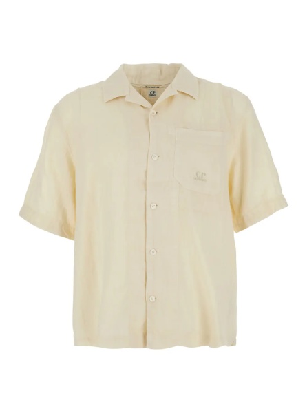 Camasa Beige Shirt with Logo Print on the Front in Linen Man