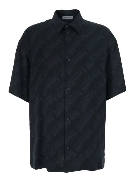 Camasa Black Shirt 'Creeper' with classic collar and all-over logo motif in viscose for men