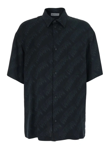 Camasa Black Shirt 'Creeper' with classic collar and all-over logo motif in viscose for men