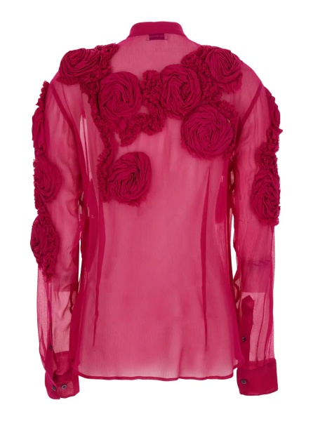Camasa Fuchsia Shirt with Mandarin Collar and 3D Floral Embroidery All-Over in Silk for Women