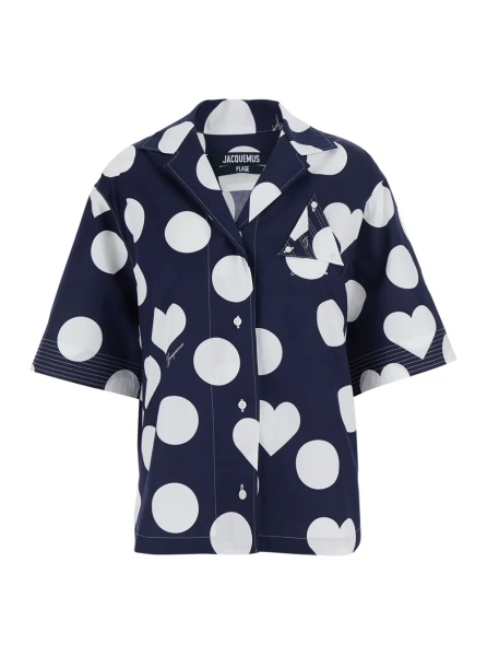 Camasa 'La Chemise Marin' Blue Bowling Shirt with Cuban Collar and All-Over Polka Dot Pattern in Cotton for Women