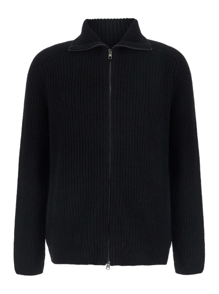 Cardigan Black Cardigan with zip closure and ribbed texture in Blend wool for men