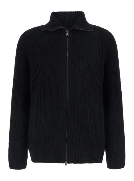 Cardigan Black Cardigan with zip closure and ribbed texture in Blend wool for men