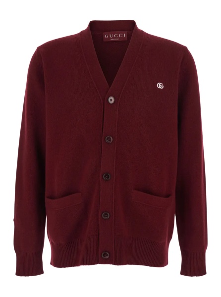Cardigan Bordeaux Cashmere Cardigan with V-Neck and GG Embroidery for Men