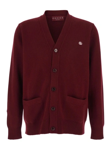 Cardigan Bordeaux Cashmere Cardigan with V-Neck and GG Embroidery for Men