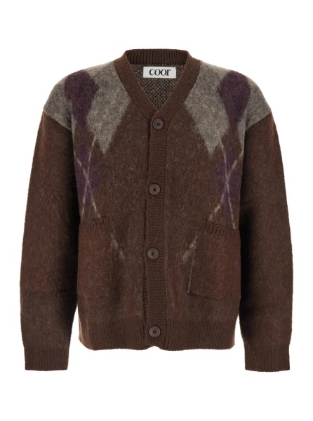 Cardigan Brown Cardigan with V Neck and All-Over Argyle Motif in Wool Blend Man