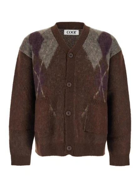 Cardigan Brown Cardigan with V Neck and All-Over Argyle Motif in Wool Blend Man