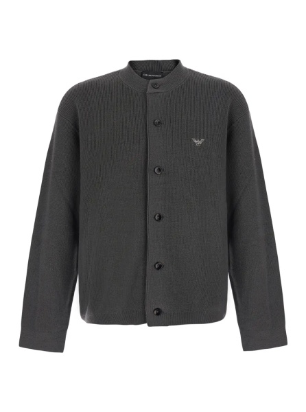 Cardigan Grey Cardigan with ribbed design and logo patch in wool and cotton for men