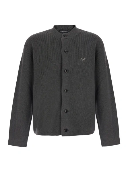 Cardigan Grey Cardigan with ribbed design and logo patch in wool and cotton for men