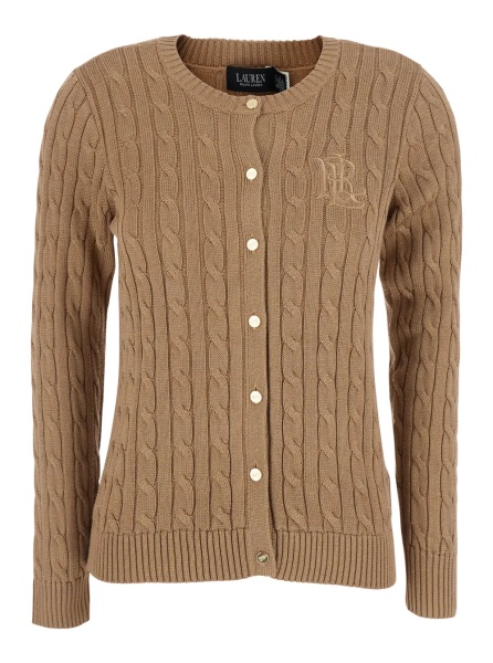 Cardigane beige Crew neck cardigan with cable knit and logo on the front in cotton Blend women
