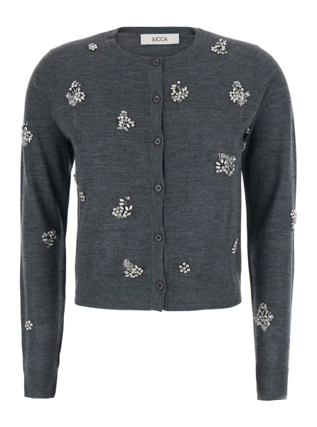 Cardigane Grey Cardigan with Applied Beads in Wool for Women