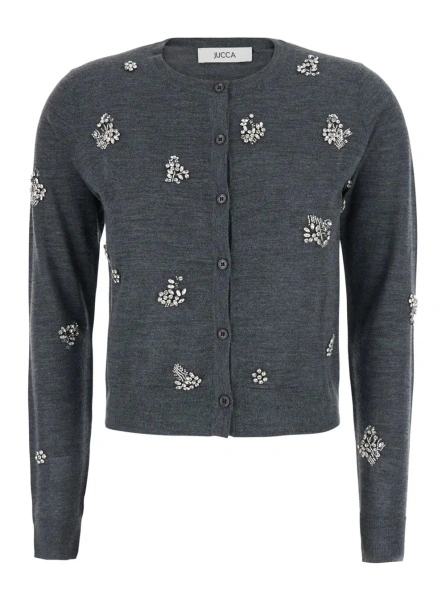 Cardigane Grey Cardigan with Applied Beads in Wool for Women