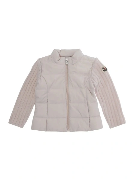 Cardigane pink Cardigan with high collar and logo patch on the sleeve in fabric and wool baby