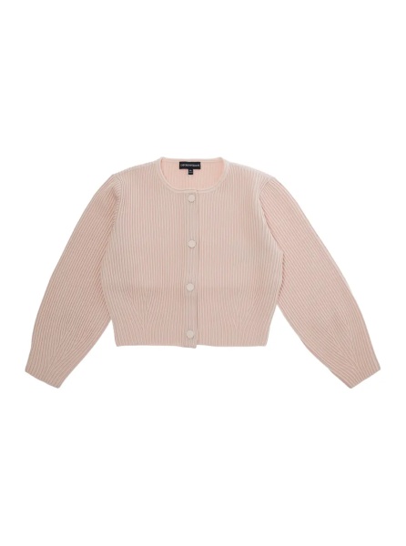 Cardigane Pink Crewneck cardigan with ribbed finishes in wool Girl
