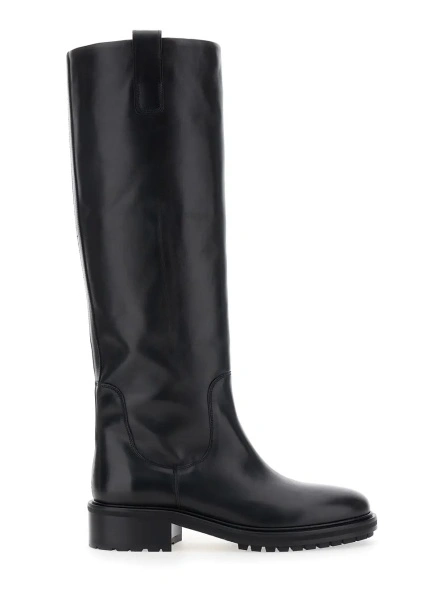 Cizme Knee-High Boots 'Henry' Slip-On in Black Leather for Women