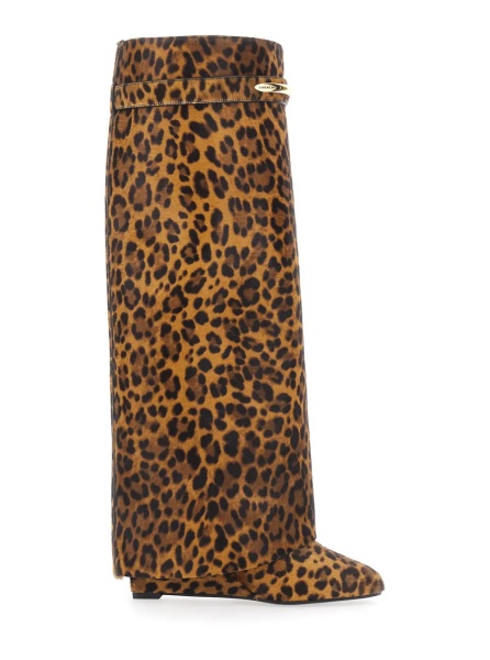 Cizme 'Shark Pinch' Brown boots with side strap and leopard Motif in leather for women
