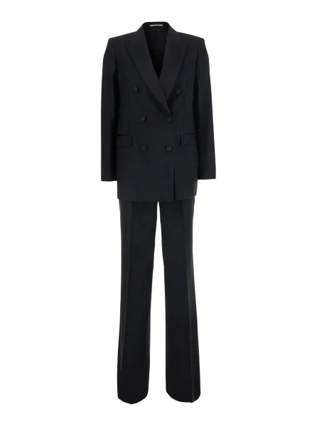 Costum Black Double-breasted Suit with Peak Revers in Fabric for Women
