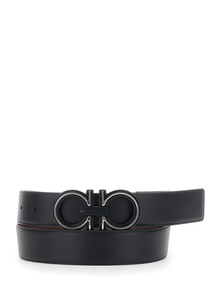 Curea black and brown Belt with reversible design and Gancini buckle in leather for men