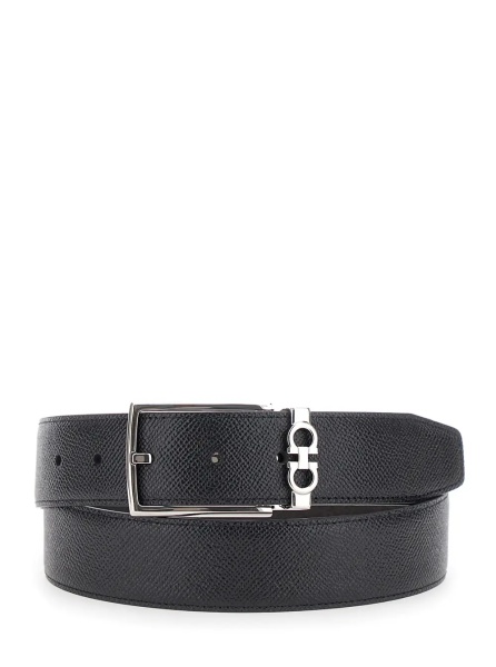 Curea black Reversible belt with Gancini buckle in grained leather for men