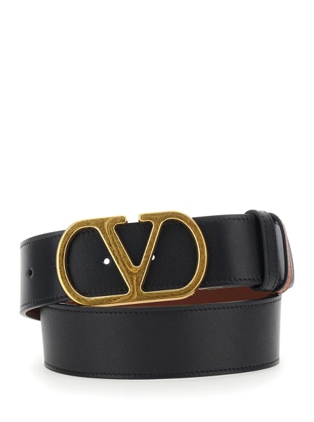 Curea Reversible Belt with VLogo Buckle on the Front in Black Leather for Women