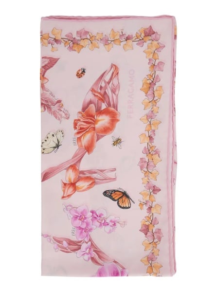 Esarfa Pink Scarf with All-over Floral Print in Silk for Women