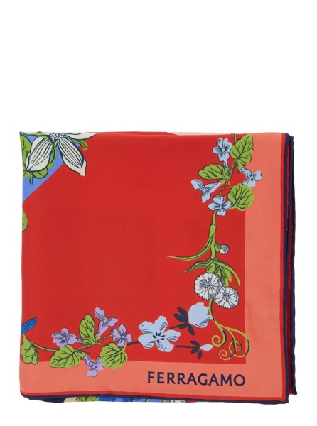 Esarfa Red Scarf with Floral Print Motif and Lettering Logo in Silk Woman