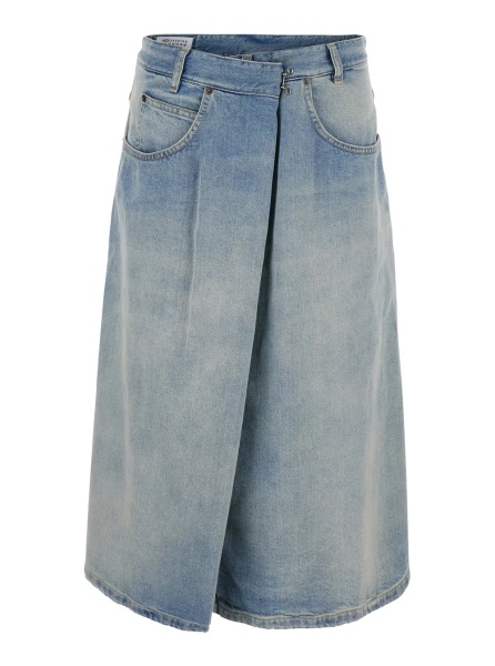 Fusta Blue Midi Skirt with Single Front Slit and Faded Design in Denim for Women