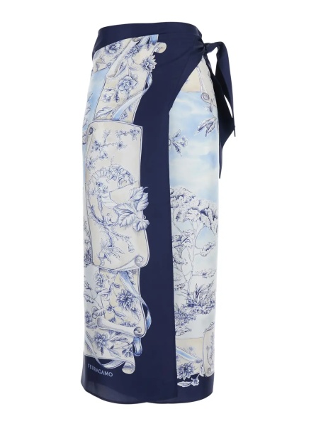 Fusta Blue Wraparound Skirt with Drawstring Waist Closure and All-Over Print in Silk for Women