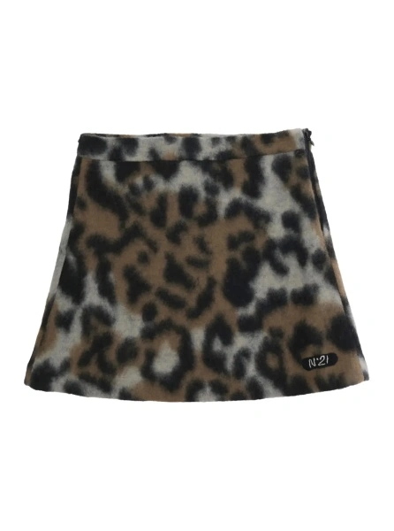 Fusta Multicolor skirt with side zip closure and all-over leopard print in wool blend for women