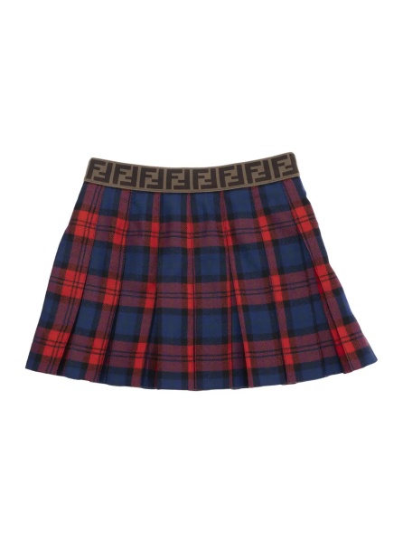 Fusta Red Skirt with Elastic Waist with FF Logo and All-Over Plaid Motif in Wool Girl