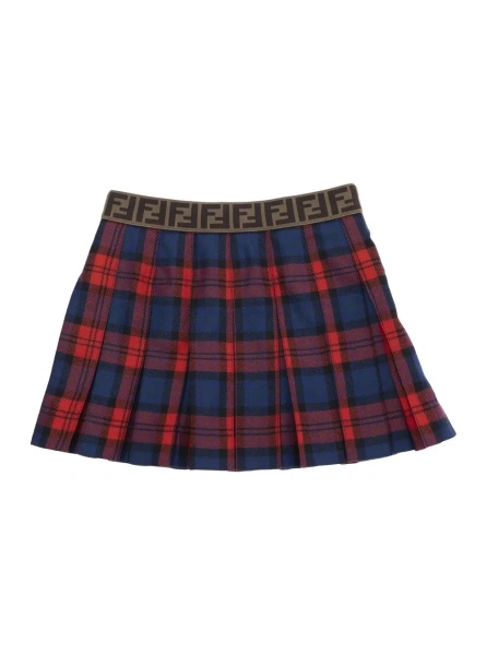 Fusta Red Skirt with Elastic Waist with FF Logo and All-Over Plaid Motif in Wool Girl