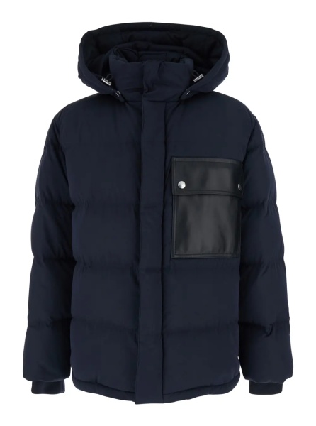 Geaca de Iarna Blue hooded down jacket with intreccio motif leather patches In cotton blend man