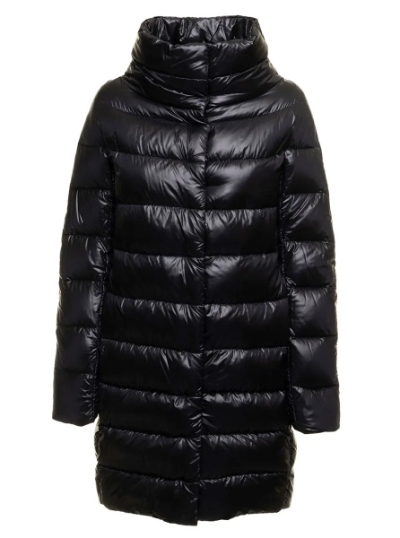 Geaca de Iarna Long down jacket with high collar in black tech fabric for women