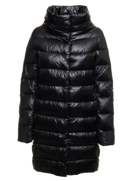 Geaca de Iarna Long down jacket with high collar in black tech fabric for women