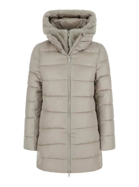 Geaca de Iarna Long Down Jacket with Hood and Pockets, Tech Fabric, Beige, Women