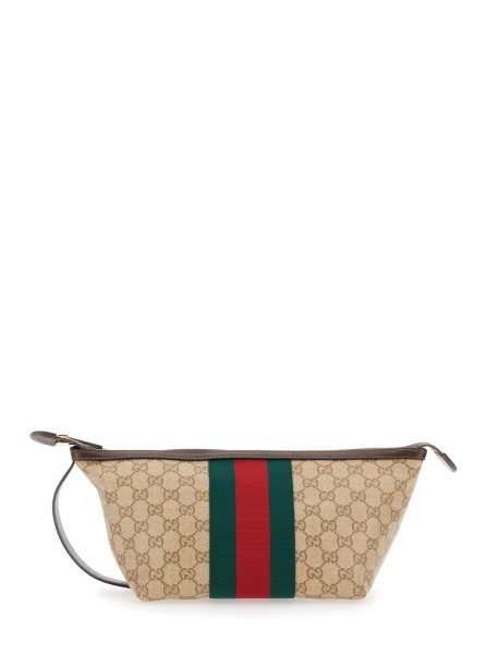 Geanta de mana Beige Clutch with Wrist Strap and Web Stripe in GG Canvas for Men