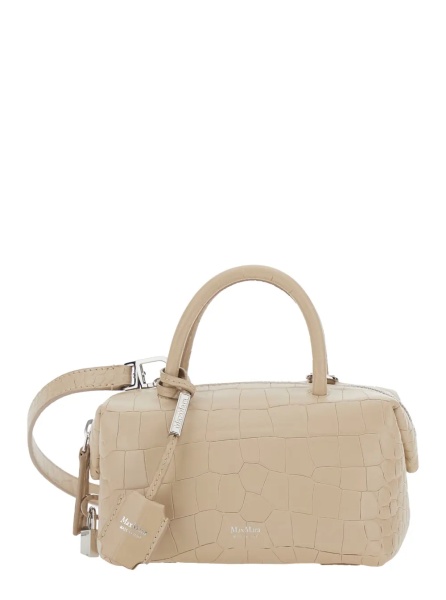 Geanta de mana Beige 'Holdall' Small Handbag with Adjustable and Removable Shoulder Strap and Crocodile-Embossed Effect in Leather for Women