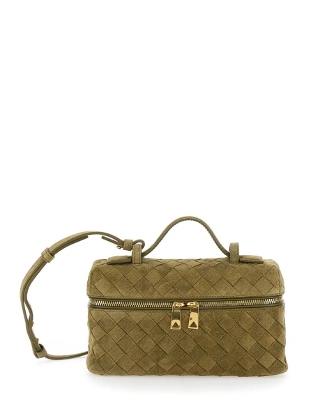 Geanta de mana Bottega Veneta verde din piele intoarsa