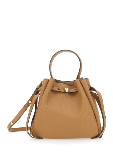 Geanta de mana Bucket Bag 'Romy' with Adjustable Strap and Logo Plate on Front in Grained Beige Leather for Women